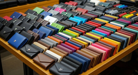 Obraz premium Colorful Collection of Leather Wallets Displayed on Wooden Table