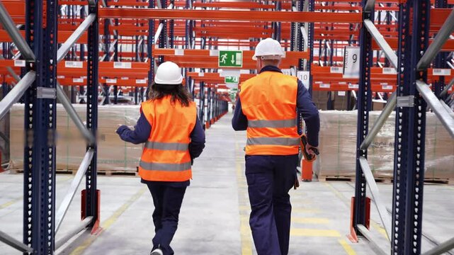 Warehouse logistics team in safety gear rapidly moving through storage aisles during emergency evacuation drill, demonstrating workplace safety protocol and team cooperation