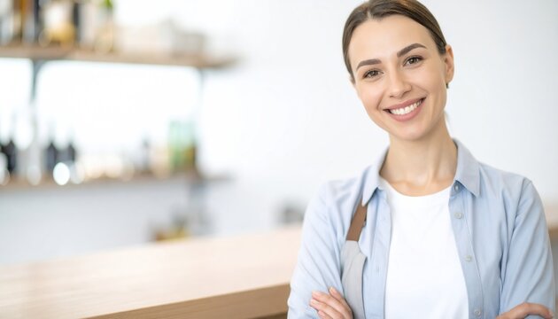 Happy young female bar owner standing at the counter - Powered by Adobe
