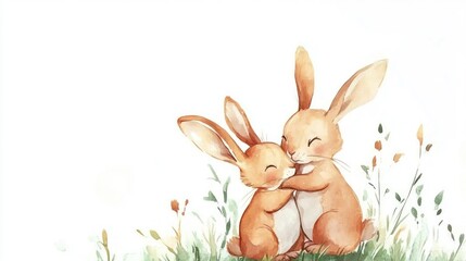 Two adorable rabbits embracing in a field