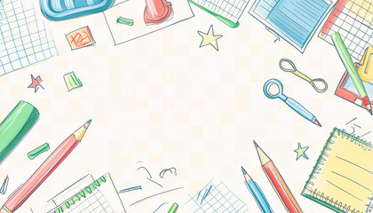 Abstract Checkered Layout with Hand-Drawn School Supplies White Background