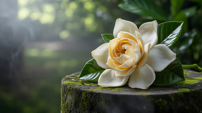 Delicate cream-colored gardenia rests on mossy stone.
