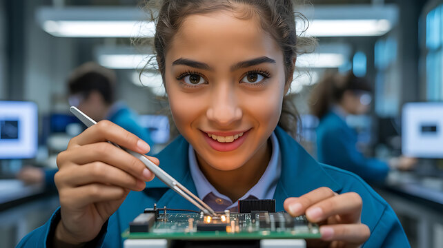 Smiling woman works on circuit board, focused on technology.
