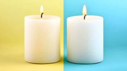 Two Burning Candles Yellow and Blue Background