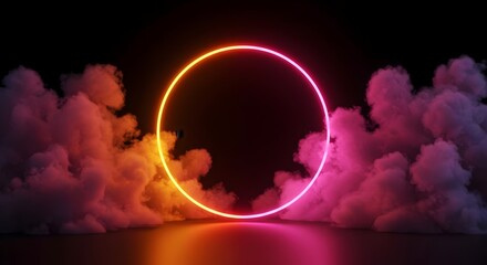 3d render, abstract cloud illuminated with neon light ring on dark night sky. Glowing geometric shape, round frame Futuristic neon circle, vibrant smoke, glowing ring, colorful mist, reflective floor,