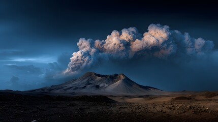 Towering volcanic clouds rising above active crater surrounded by black lava rocks ash plume dominating the sky extreme geology and sky drama captured at twilight custom volcanic eruption setting