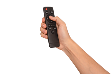 Hand holding remote control isolated on isolated on transparent PNG.