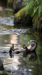Otter floats effortlessly on a shallow stream.
