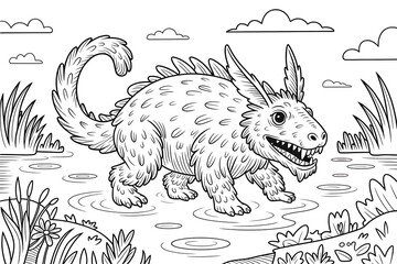 Strange creature walks by a body of water. 
