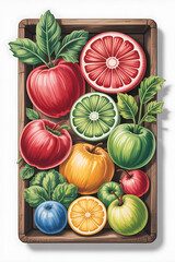 Colorful fruits in a wooden crate. A vibrant display of apples, citrus, and berries.
