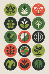 Circular icons, nature-themed, minimalist design.
