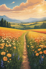 Scenic path through a vibrant flower field, sunlit valley.
