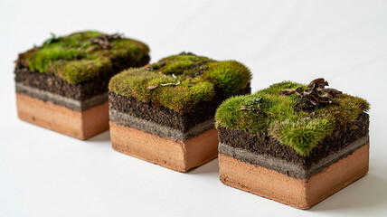 Three Miniature Terracotta Cubes Displaying Layered Soil and Lush Green Moss
