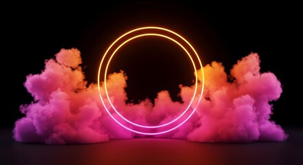 3 d render, abstract cloud illuminated with neon light ring on dark night sky. Glowing geometric shape, round frame Glowing, neon, vibrant, abstract, mystical, ethereal, futuristic, colorful, smoky, r