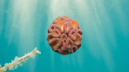 Pink coral ball floats in turquoise water.
