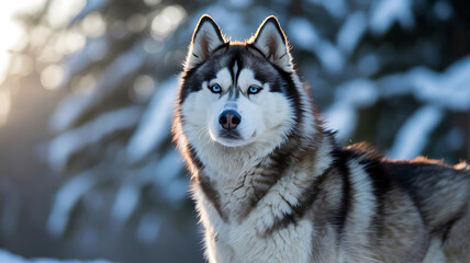 Husky dog in snowy forest, alert and regal.
