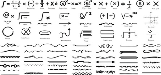 Mathematical symbol collection, including integrals, summation, square roots, and various calculus notations with stylish decorative underlines, lines, swirl borders, and brush stroke dividers