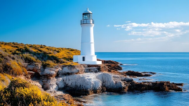 A beautiful lighthouse situated on rugged cliffs by the ocean under a bright blue sky, exuding serenity and guidance.