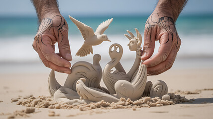 Hands build sand sculptures of birds and figures on the beach.
