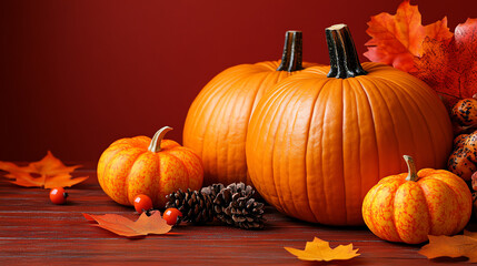Festive Autumn Arrangement with Pumpkins, Fall Leaves, and Pine Cones on Rustic Wooden Surface