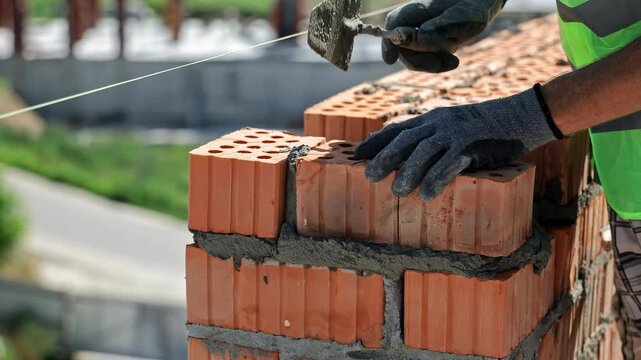 Close-Up of Mason Laying Hollow Bricks with Mortar, Precision Brickwork on Urban Construction Site