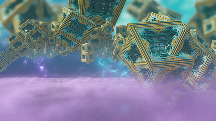 Golden cubes float amidst purple clouds. Complex geometric structures.
