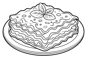 Layered lasagna on a plate, topped with basil.
