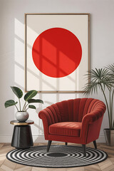 Red velvet armchair, modern design, in a stylish room.
