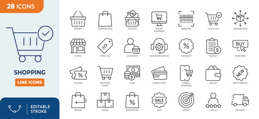 Shopping line editable icon set. Containing basket, shopping cart, discount, online shopping, sale, client, delivery, wallet, shop, and more.  Editable stroke. Vector illustration
