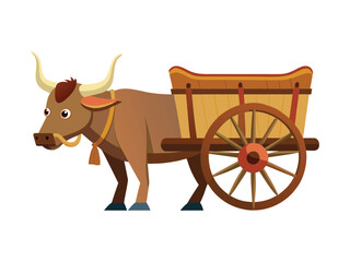 Cartoon bull with horns pulling a wooden cart with large wheels and a bell
