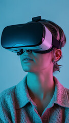 Woman wearing VR headset, bathed in vibrant light.

