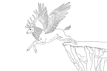 Winged deer leaps from cliff, a mythical creature.
