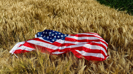 American flag draped across golden wheat, invoking harvest's end, national pride, Independence Day reflections in rural heartlands