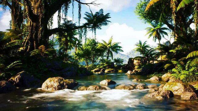 Sungai kecil di hutan tropis, air jernih mengalir di atas batu karang, sinar matahari tembus celah daun, Realistis, 3D look (cinematic), Statis (kamera diam), Smooth (gerakan tidak tersendat), 4K