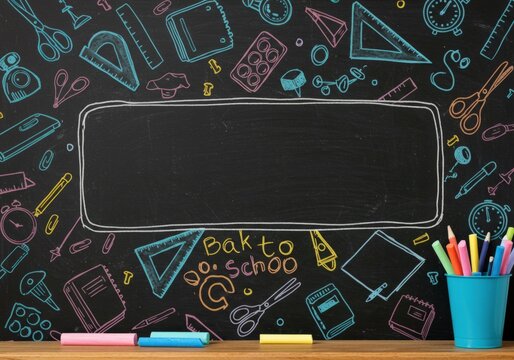 Back to school concept with school supplies, books, and chalkboard background. Education-themed flat lay for new academic year and learning inspiration.
