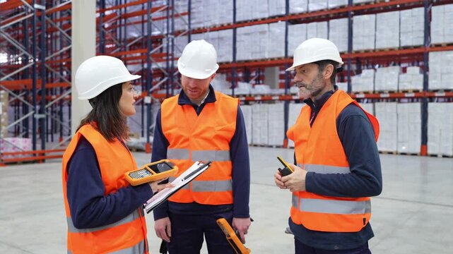 Professional warehouse team collaborating, scanning barcodes and analyzing inventory data using digital handheld devices and clipboards in industrial storage facility
