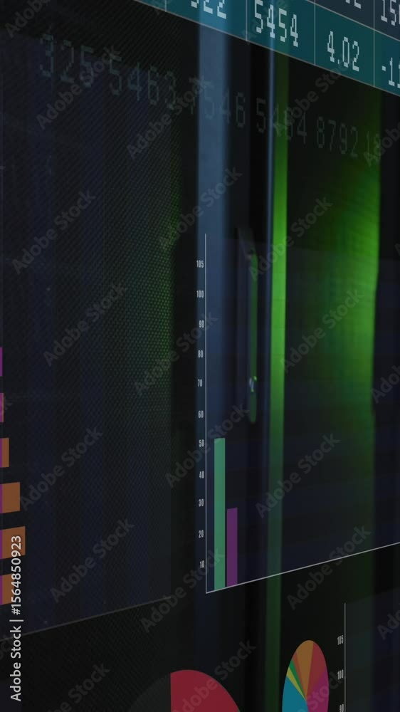 Poster animation of interface with statistical data processing against computer server room