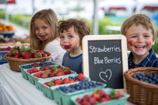 Children tasting berries at a farmers market stand - Powered by Adobe