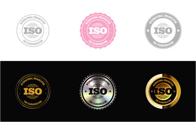 International Organization for Standardization. ISO standard certificate, logo, seal, icon, stamp, badge vector.