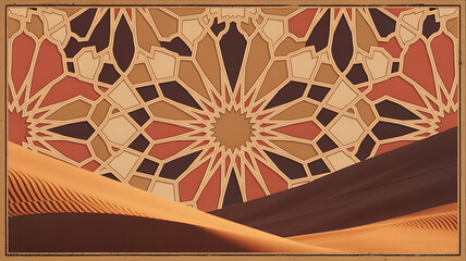 Ornate desert scene with a geometric pattern.

