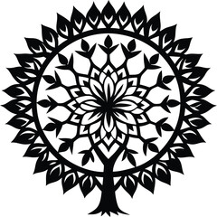 Sunset as mandala behind tree and birds silhouette