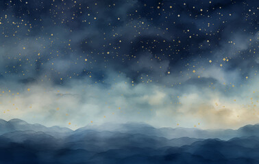 Watercolor Night Sky Vector Illustration. Vast night sky overflowing with stars. The background is a deep, inky blue with washes of purple and black. The stars are in a variety of sizes and shapes