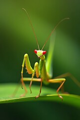 Close-Up of Praying Mantis on Green Leaf