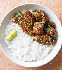 Chicken wings in teriyaki sauce with rice, sesame and onion. Asian food.