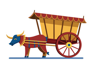 Stylized cartoon illustration of a blue ox pulling a traditional indian bullock cart
