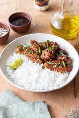 Chicken wings in teriyaki sauce with rice, sesame and onion. Asian food.