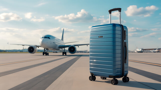 Travel Suitcase on Airport Runway: A sleek, blue suitcase stands ready for takeoff on an airport runway, with a large passenger airplane taxiing in the background, under a partly cloudy sky.