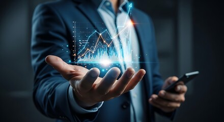 Glimmering chart floats above outstretched hand suit clad businessman holding phone soft glow of light reflects business