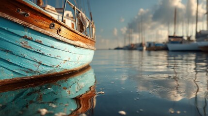 Fototapeta premium Turquoise Boat Hull Reflections in Calm Water at Marina Under a Cloudy Sky