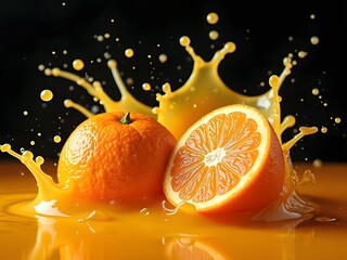 Fresh Orange Splash – Citrus Fruit Juice Burst on Black Background